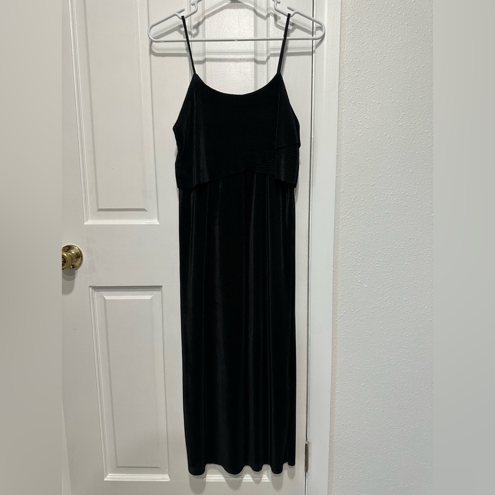 Everly Black Ribbed A-Line Midi Dress w/ Spaghetti straps.